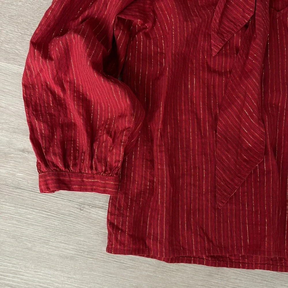 Ulla Johnson Julie Blouse Size 6 Red Gold Tie Neck Puff Sleeve‎ Metallic Stripe
